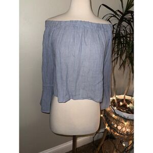 Club Monaco Light Blue Striped Off The Shoulder Bell Sleeve Crop Top XS